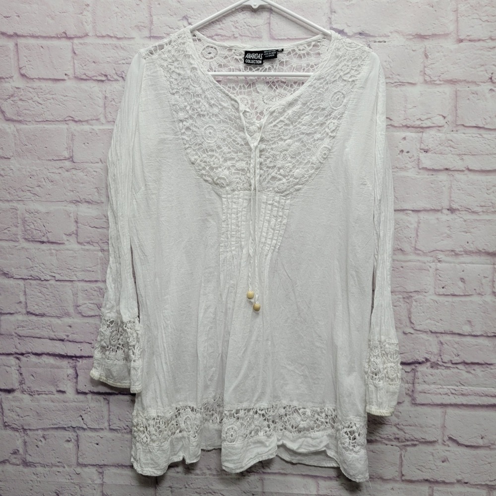 Anandas Collection White Lacy Tunic Top Size M Feminine‎ Boho Cottagecore